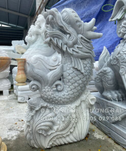 Tượng cá chép hóa rồng đá trắng xám